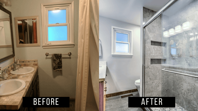 Before and After images of a tub with shower curtain to a walk in shower