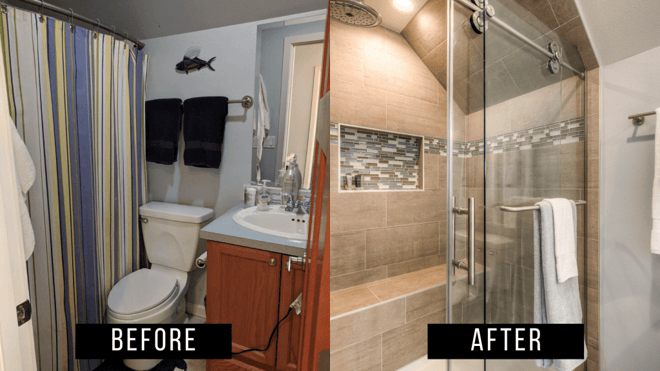 Before and After images of a bathroom tub remodel to shower