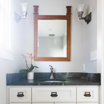 Powder room vanity and custom mirror