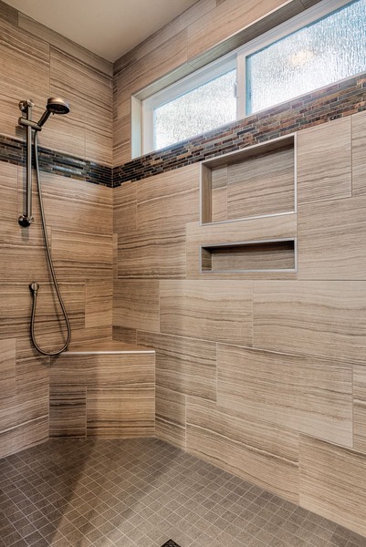 Master Bathroom Walk-in shower, Eramosa Tile in Beige, VanderBeken Remodel, Mill Creek, 2019